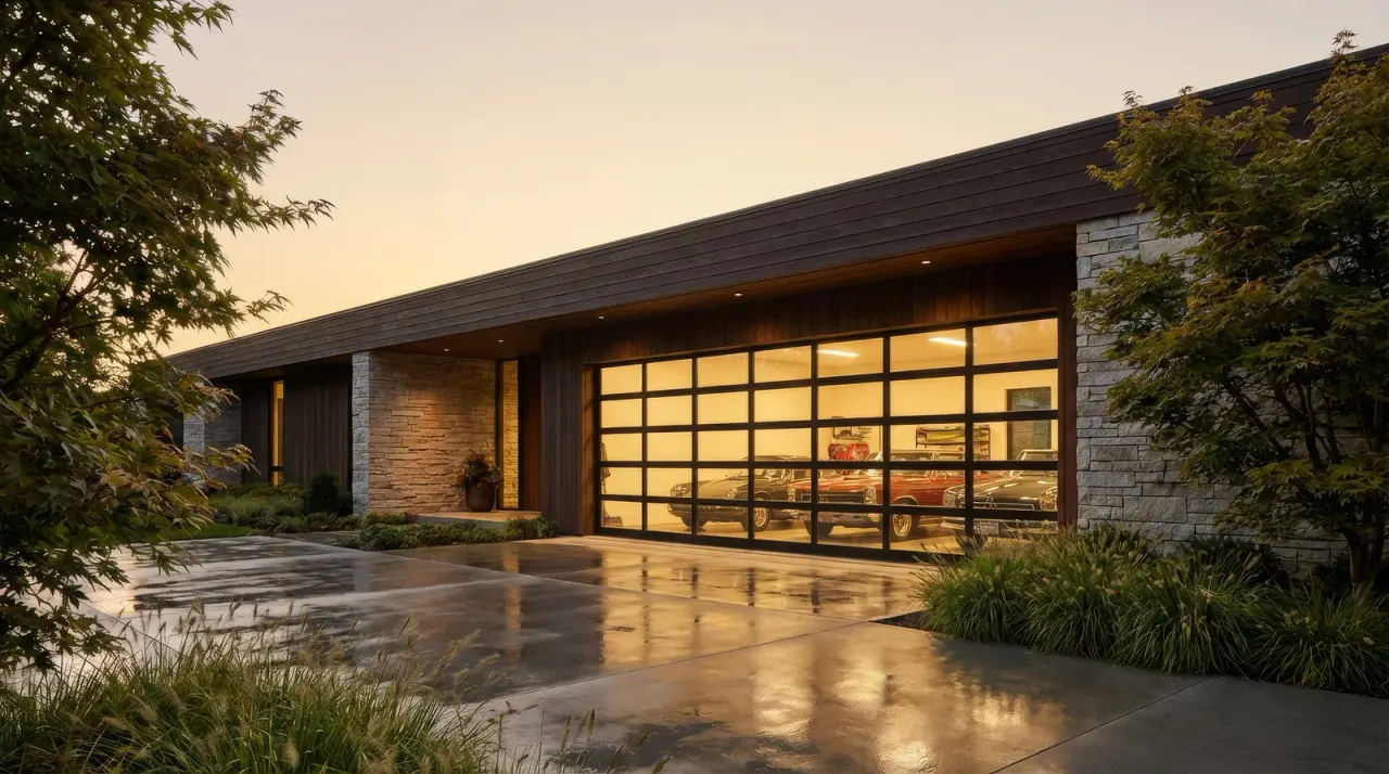 Modern home with a new glass-panel garage door glowing at dusk