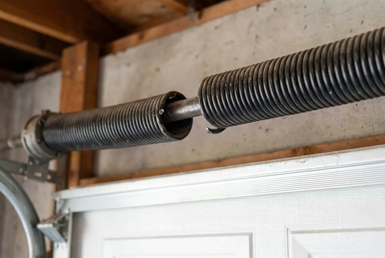 Close-up of a broken garage door torsion spring with a visible gap in the coil